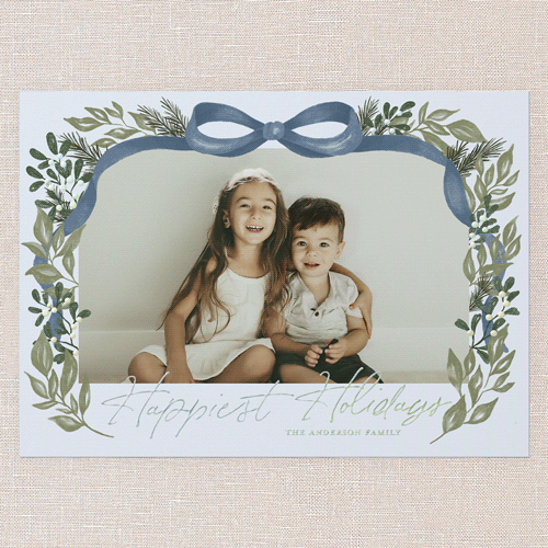 Joyful Ribbon Wishes Holiday Card, Blue, Iridescent Foil, 5x7, Holiday, Matte, Personalized Foil Cardstock, Square, Blue