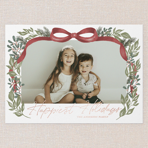 Joyful Ribbon Wishes Holiday Card, White, Rose Gold Foil, 5x7, Holiday, Matte, Personalized Foil Cardstock, Square, White