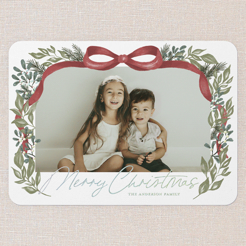 Joyful Ribbon Wishes Holiday Card, White, Iridescent Foil, 5x7, Christmas, Matte, Personalized Foil Cardstock, Rounded, White