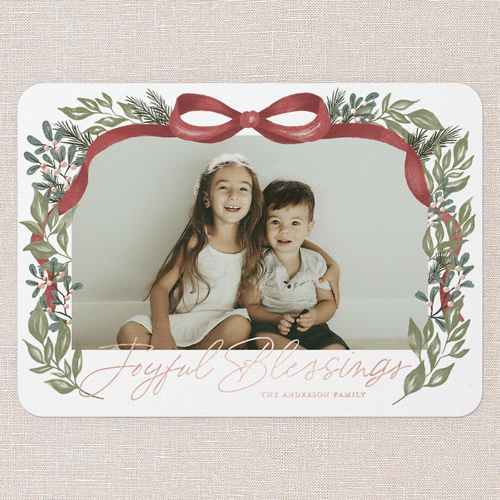 Joyful Ribbon Wishes Holiday Card, White, Rose Gold Foil, 5x7, Religious, Matte, Personalized Foil Cardstock, Rounded, White