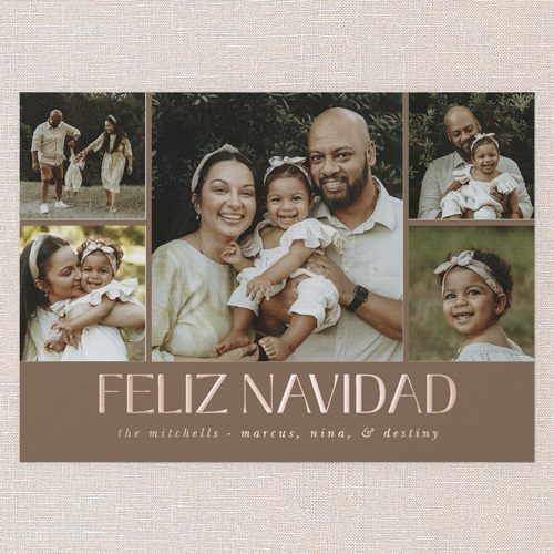 Brilliant Impression Holiday Card, Brown, Rose Gold Foil, 5x7, Feliz Navidad, Matte, Personalized Foil Cardstock, Square
