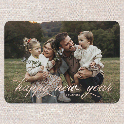 Beaming Beauty Holiday Card, White, Rose Gold Foil, 5x7, New Year, Matte, Personalized Foil Cardstock, Rounded, White