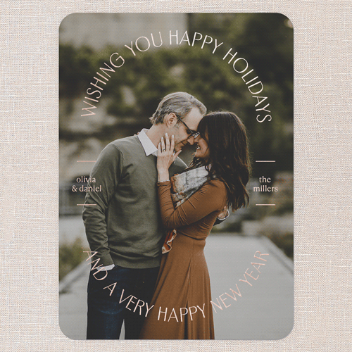 Round Radiance Holiday Card, Black, Rose Gold Foil, 5x7, Holiday, Matte, Personalized Foil Cardstock, Rounded, Black