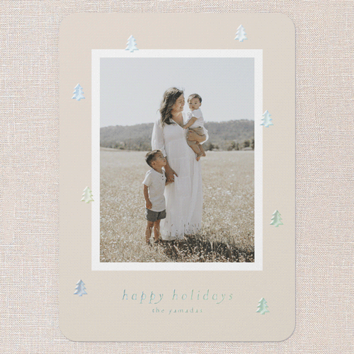 Beaming Trees Holiday Card, Pink, Iridescent Foil, 5x7, Holiday, Matte, Personalized Foil Cardstock, Rounded, Blush