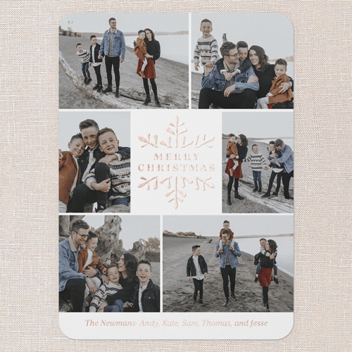 Snowy Shimmer Holiday Card, Rose Gold Foil, White, 5x7, Christmas, Matte, Personalized Foil Cardstock, Rounded, White