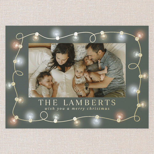 Merry and Bright Lights Holiday Card, Green, Gold Foil, 5x7, Christmas, Matte, Personalized Foil Cardstock, Square, Green