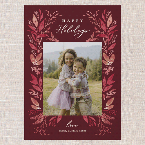 Leafy Surroundings Holiday Card, Red, Rose Gold Foil, 5x7, Holiday, Matte, Personalized Foil Cardstock, Square, Marsala