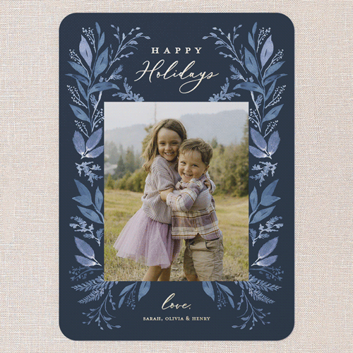 Leafy Surroundings Holiday Card, Blue, Gold Foil, 5x7, Holiday, Matte, Personalized Foil Cardstock, Rounded, Midnight