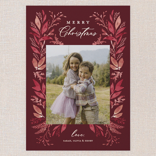 Leafy Surroundings Holiday Card, Red, Rose Gold Foil, 5x7, Christmas, Matte, Personalized Foil Cardstock, Square, Marsala