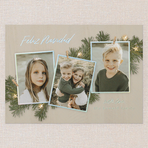 Festive Evergreen Holiday Card, Iridescent Foil, Beige, 5x7, Feliz Navidad, Matte, Personalized Foil Cardstock, Square, Sand