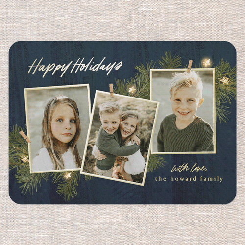 Festive Evergreen Holiday Card, Gold Foil, Blue, 5x7, Holiday, Matte, Personalized Foil Cardstock, Rounded, Navy
