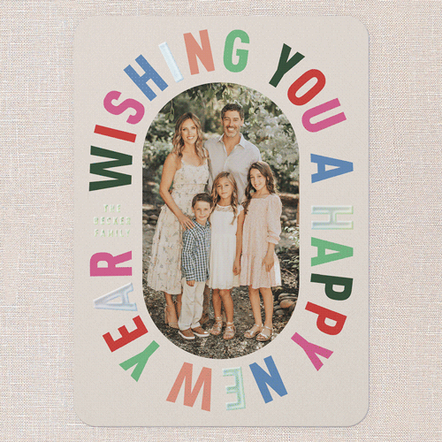 Encased In Color Holiday Card, Beige, Iridescent Foil, 5x7, New Year, Matte, Personalized Foil Cardstock, Rounded, Adobe Blush