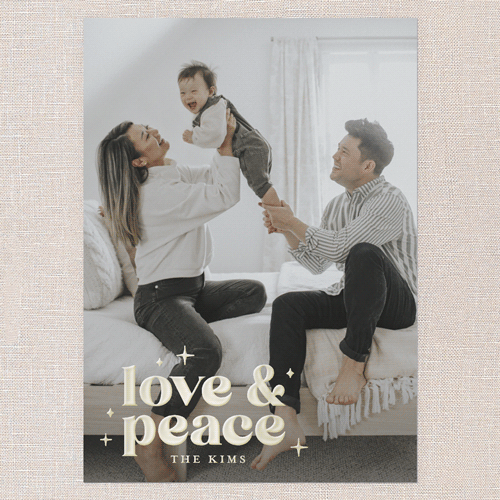 Shimmering Peaceful Love Holiday Card, White, Gold Foil, 5x7, Holiday, Matte, Personalized Foil Cardstock, Square, White