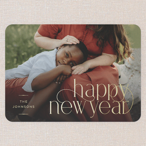 Dashing Details Holiday Card, White, Gold Foil, 5x7, New Year, Matte, Personalized Foil Cardstock, Rounded, White