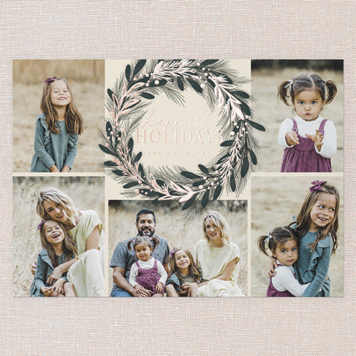 Foil Delight Wreath Holiday Card, Beige, Rose Gold Foil, 5x7, Holiday, Matte, Personalized Foil Cardstock, Square, Cream
