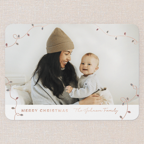 Linked Lights Holiday Card, Rose Gold Foil, White, 5x7, Christmas, Matte, Personalized Foil Cardstock, Rounded, White