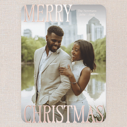 Serif Standout Holiday Card, Rose Gold Foil, White, 5x7, Christmas, Matte, Personalized Foil Cardstock, Rounded, White