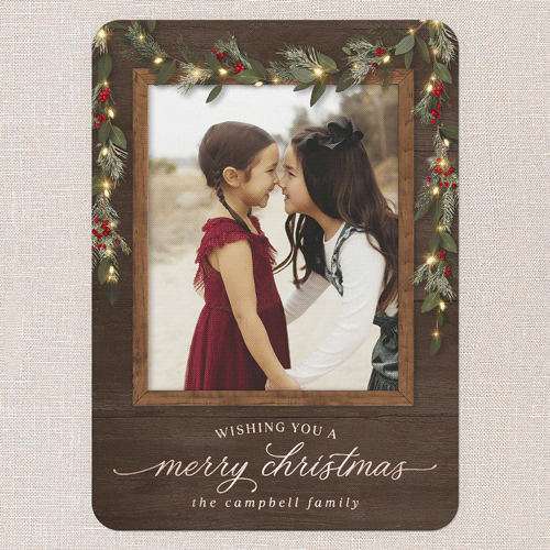 Gorgeous Frosty Garland Holiday Card, Brown, Rose Gold Foil, 5x7, Christmas, Matte, Personalized Foil Cardstock, Rounded, Deep Chocolate