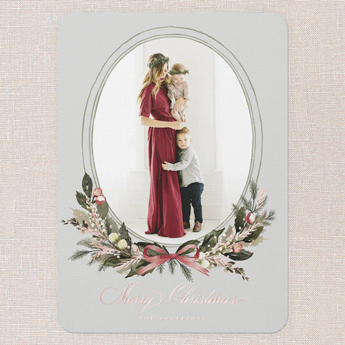 Extensive Wreath Holiday Card, Grey, Rose Gold Foil, 5x7, Christmas, Matte, Personalized Foil Cardstock, Rounded, Silver Lining