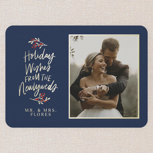 Newlywed Cheer Holiday Card, Blue, Gold Foil, 5x7, Holiday, Matte, Personalized Foil Cardstock, Rounded, Nautical