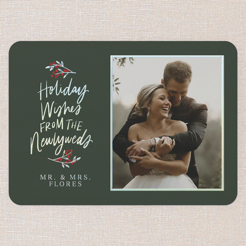 Newlywed Cheer Holiday Card, Green, Iridescent Foil, 5x7, Holiday, Matte, Personalized Foil Cardstock, Rounded, Spruce Green