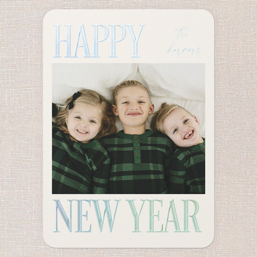 Serene Signature Holiday Card, Iridescent Foil, Green, 5x7, New Year, Matte, Personalized Foil Cardstock, Rounded, Tree