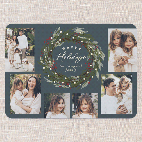 Wreath Wonder Holiday Card, Blue, Gold Foil, 5x7, Holiday, Matte, Personalized Foil Cardstock, Rounded, Blue