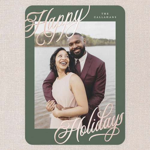 Corner Callout Holiday Card, Green, Rose Gold Foil, 5x7, Holiday, Matte, Personalized Foil Cardstock, Rounded, Green