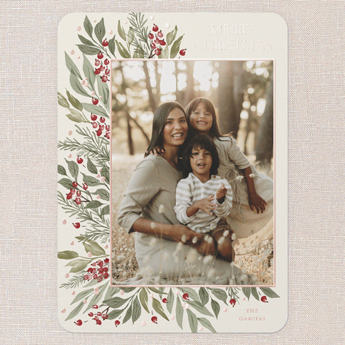 Traditional Berries Holiday Card, Beige, Rose Gold Foil, 5x7, Christmas, Matte, Personalized Foil Cardstock, Rounded, Cream