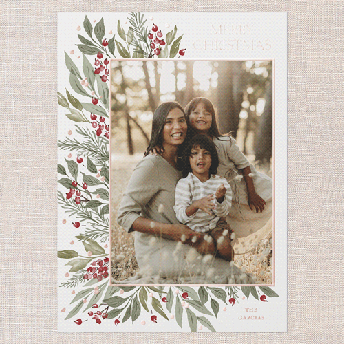 Traditional Berries Holiday Card, White, Rose Gold Foil, 5x7, Christmas, Matte, Personalized Foil Cardstock, Square, White