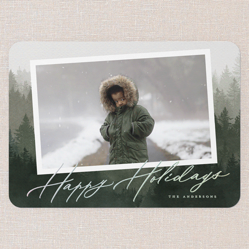 Scripted Forest Holiday Card, Iridescent Foil, Green, 5x7, Holiday, Matte, Personalized Foil Cardstock, Rounded, Pine Grove