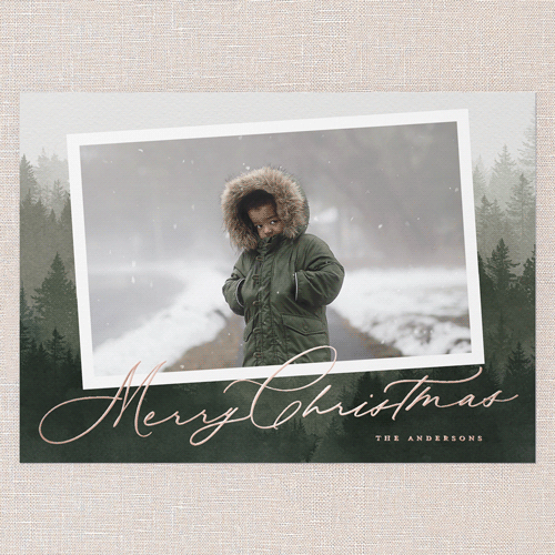 Scripted Forest Holiday Card, Green, Rose Gold Foil, 5x7, Christmas, Matte, Personalized Foil Cardstock, Square, Pine Grove