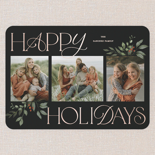 Hint Of Green Holiday Card, Black, Rose Gold Foil, 5x7, Holiday, Matte, Personalized Foil Cardstock, Rounded, Rich Black