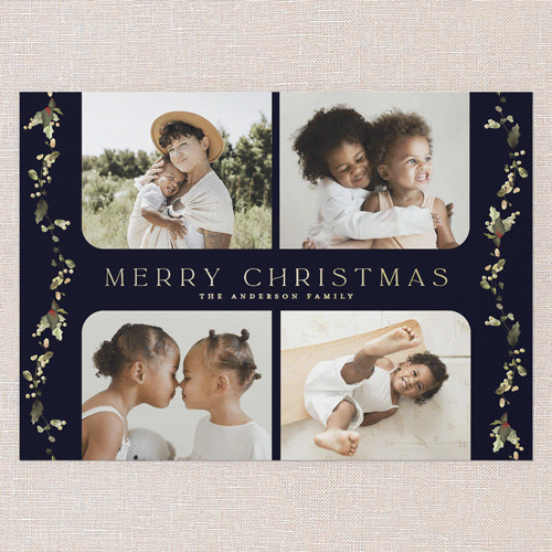 Draped Holly Holiday Card, Black, Gold Foil, 5x7, Christmas, Matte, Personalized Foil Cardstock, Square, Black