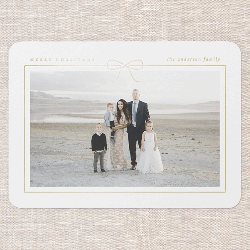 Radiant Bow Holiday Card, Gold Foil, White, 5x7, Christmas, Matte, Personalized Foil Cardstock, Rounded, White