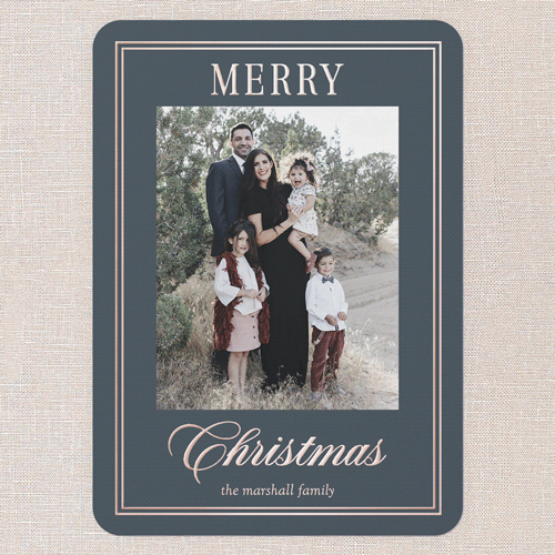 Elegant Luster Holiday Card, Blue, Rose Gold Foil, 5x7, Christmas, Matte, Personalized Foil Cardstock, Rounded, Blue