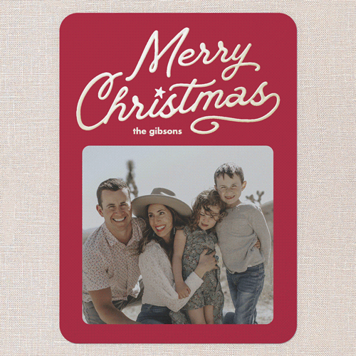 Vintage Script Holiday Card, Red, Gold Foil, 5x7, Christmas, Matte, Personalized Foil Cardstock, Rounded, Red