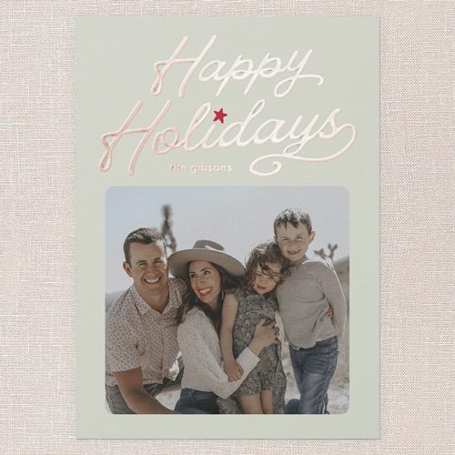 Vintage Script Holiday Card, Green, Rose Gold Foil, 5x7, Holiday, Matte, Personalized Foil Cardstock, Square, Mint