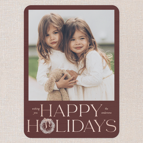 Wreath Wanderlust Holiday Card, Rose Gold Foil, Red, 5x7, Holiday, Matte, Personalized Foil Cardstock, Rounded, Red