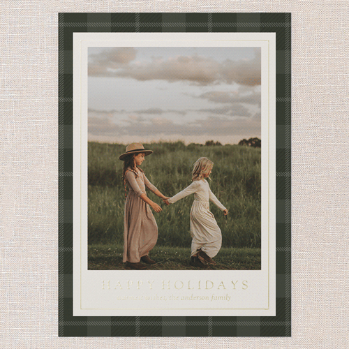 Plaid Border Wishes Holiday Card, Gold Foil, Green, 5x7, Holiday, Matte, Personalized Foil Cardstock, Square, Tree