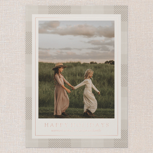 Plaid Border Wishes Holiday Card, Rose Gold Foil, Beige, 5x7, Holiday, Matte, Personalized Foil Cardstock, Square, Cream