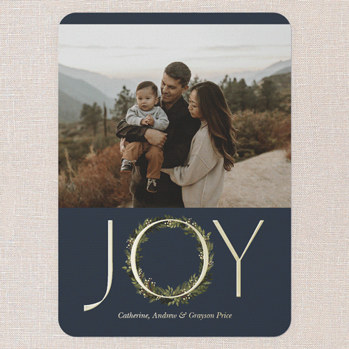 Wreathful Joy Holiday Card, Gold Foil, Blue, 5x7, Holiday, Matte, Personalized Foil Cardstock, Rounded, Cobalt