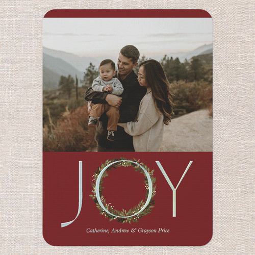 Wreathful Joy Holiday Card, Red, Iridescent Foil, 5x7, Holiday, Matte, Personalized Foil Cardstock, Rounded, Red