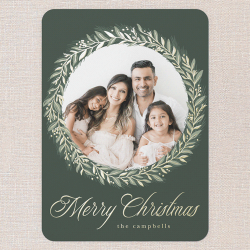 Timeless Wreath Holiday Card, Green, Gold Foil, 5x7, Christmas, Matte, Personalized Foil Cardstock, Rounded, Tree