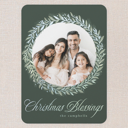 Timeless Wreath Holiday Card, Iridescent Foil, Green, 5x7, Religious, Matte, Personalized Foil Cardstock, Rounded, Tree