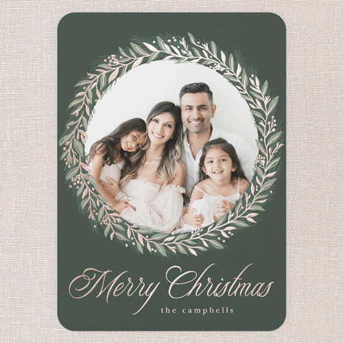 Timeless Wreath Holiday Card, Green, Rose Gold Foil, 5x7, Christmas, Matte, Personalized Foil Cardstock, Rounded, Tree