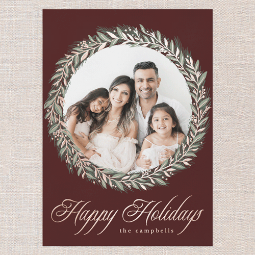 Timeless Wreath Holiday Card, Rose Gold Foil, Red, 5x7, Holiday, Matte, Personalized Foil Cardstock, Square, Velvet