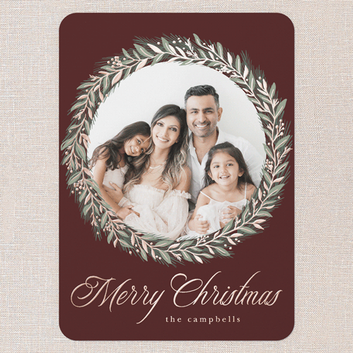 Timeless Wreath Holiday Card, Red, Rose Gold Foil, 5x7, Christmas, Matte, Personalized Foil Cardstock, Rounded, Velvet