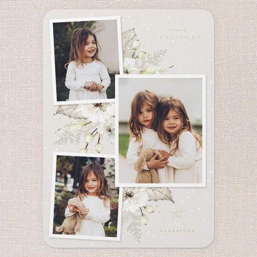 Winter Floral Frame Holiday Card, Gold Foil, Grey, 5x7, Christmas, Matte, Personalized Foil Cardstock, Rounded, Whisper Gray