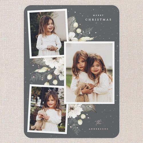 Winter Floral Frame Holiday Card, Rose Gold Foil, Grey, 5x7, Christmas, Matte, Personalized Foil Cardstock, Rounded, Burnt Ash